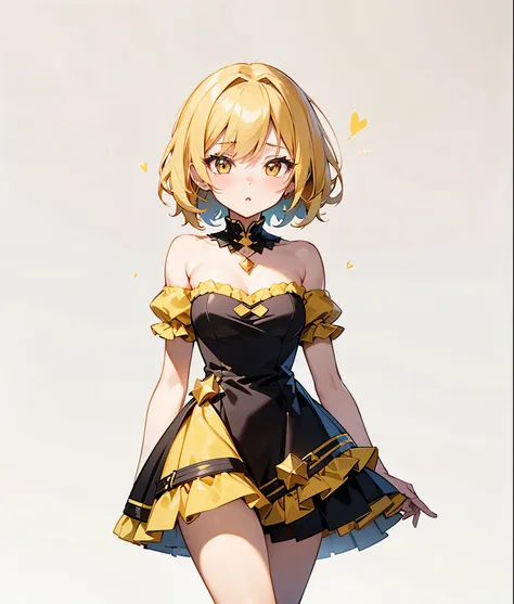 anime girl with (short, blonde hair) and (golden eyes), wearing a (short black dress) with (yellow puffy sleeves), bare shoulder...