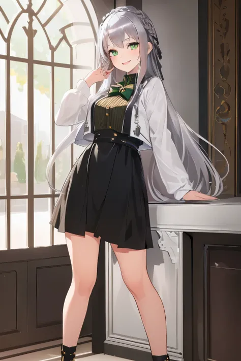 ultra-detailed, ((Masterpiece)), top-quality, Top image quality, ((((solo)))), ((((silver hair)))), long hair, Beautiful green eyes, dye ones cheeks red, smile, teens girl, 18yo, cute, 8k, fullbody