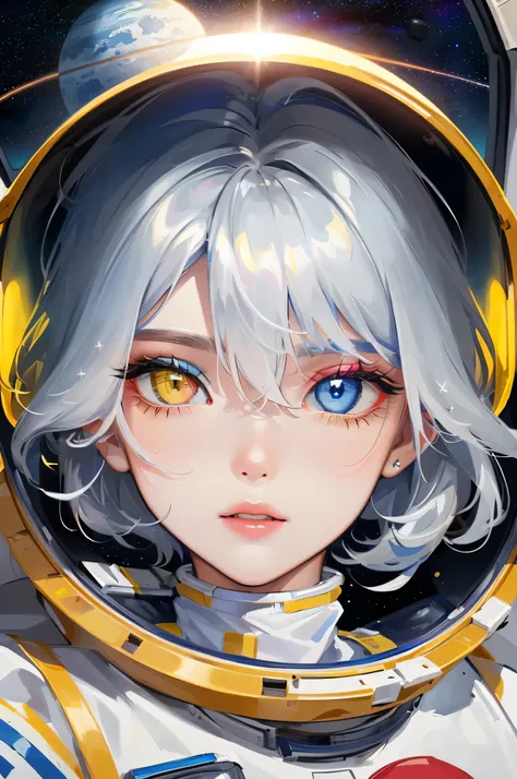 (Higher quality close-up masterpieces:1.5)0.9], (space and astronauts:1.2) (messy silver hair:1.1) (Yellow-Eyed and Blue-Eyed Heterochromia:1.2) (space helmet:1.0) (There are colorful stars in the eyes:1.0) (radiant light:1.1) (thick lips:0.9)