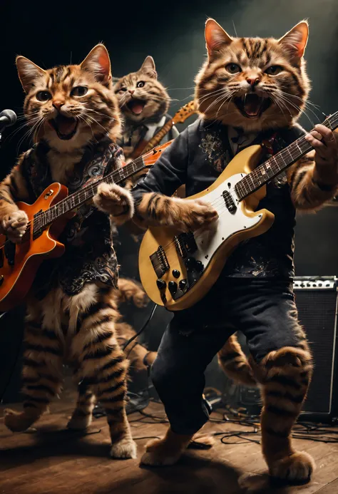 Five cats take the stage, 
each with their own instrument in hand. 
One strums the guitar, another sings into a mic, 
while the others rock out on the drums, electric guitar, and bass guitar.
Best quality, masterpiece, super high resolution, clear pores vi...