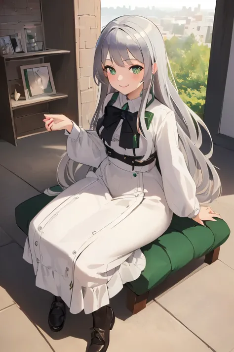 ultra-detailed, ((Masterpiece)), top-quality, Top image quality, ((((solo)))), ((((silver hair)))), long hair, Beautiful green eyes, dye ones cheeks red, smile, teens girl, 16yo, cute, 8k, fullbody