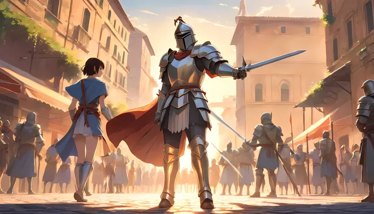 Knight duel with other knight in the middle of the city, medieval era Rome, at morning time, detailed face, face to detail, half-body illustration, absurdres, highly detailed CG, makoto shinkai class production
