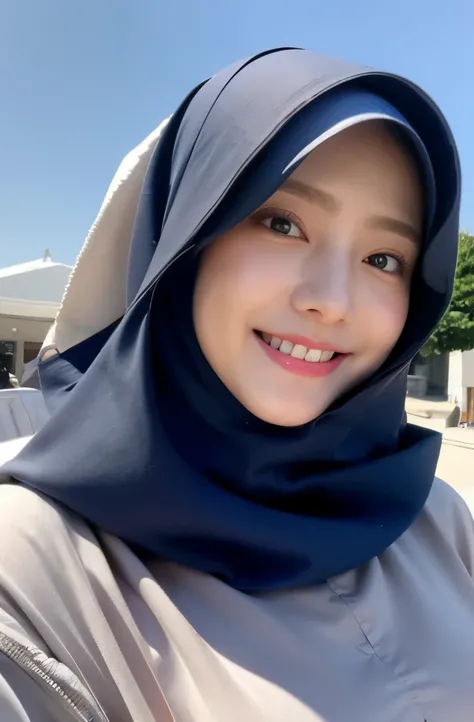 Wear hijab blue collor, ((Best quality, 8k, Masterpiece :1.37)), position:sitting, face looking at the camera holding a smart phone, ( women in hijab), women in hijab blue, style model, ( women in hijab), beautiful face, Beautiful detailed eyes, Korean eye...