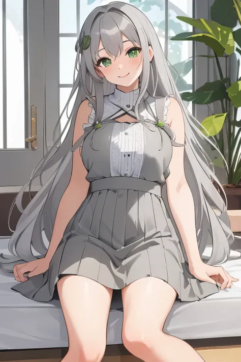 ultra-detailed, Masterpiece, top-quality, Top image quality, fullbody, ((((light gray hair)))), long hair, Beautiful green eyes, dye ones cheeks red, smile, teens girl, 16yo, cute, 8k