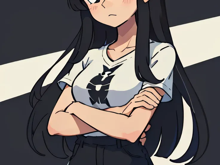 Illustration of a girl having long black hair with bangs, standing with her arms crossed, straight  face