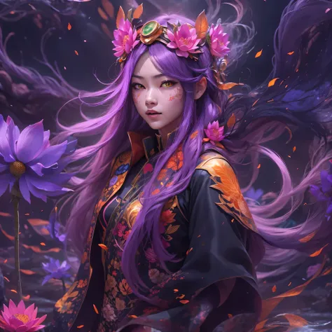 Chapter 3679 The Year of Cyberpunk（masterpiece，HD，超HD，32k lotus root starch）Bright purple flowing hair，autumn pond， lotus root starch color， Asian （Michiko）， （silk scarf）， fighting stance， looking at the colorful balloons， Orange gradient long hair， ((Thic...