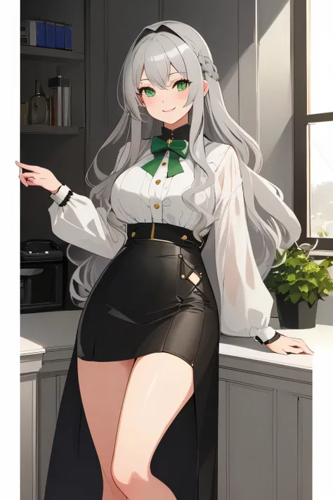 ultra-detailed, Masterpiece, top-quality, Top image quality, fullbody, ((((light gray hair)))), long hair, Beautiful green eyes, dye ones cheeks red, smile, teens girl, 16yo, cute, 8k