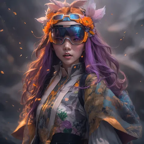 Chapter 3679 The Year of Cyberpunk（masterpiece，HD，超HD，32k lotus root starch）Bright purple flowing hair，autumn pond， lotus root starch color， Asian （Michiko）， （silk scarf）， fighting stance， looking at the colorful balloons， Orange gradient long hair， ((Thic...