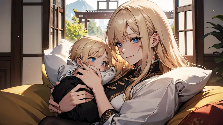 (A 30-year-old mature woman wearing white clothes and black tights, with long blonde hair, sitting in a living room in rural China, holding a in her arms: 1.6) ((Holding a 1-month-old baby in her arms: 1.9)) (smiling expression on her face, looking at the ...