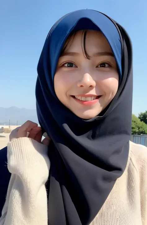 Wear hijab blue collor, ((Best quality, 8k, Masterpiece :1.37)), position:sitting, face looking at the camera holding a smart phone, ( women in hijab), women in hijab blue, style model, ( women in hijab), beautiful face, Beautiful detailed eyes, Korean eye...