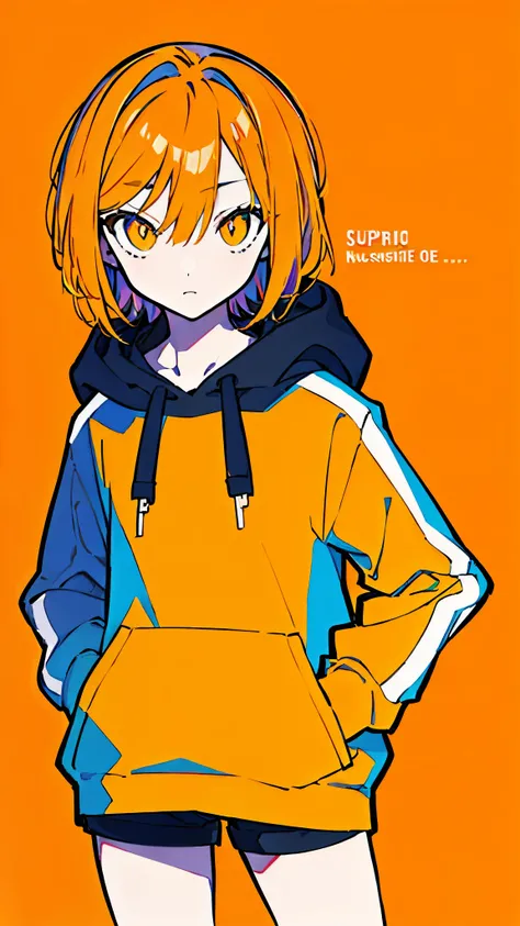 (masterpiece, highest quality:1.6), alone, thick outline, (simple background, light orange background, monochrome, light orange theme:1.2), official art, Key Visual, 8K, disorganized, whole body, (unique hair, Oversized Hoodies, hot pants, arch back, short...