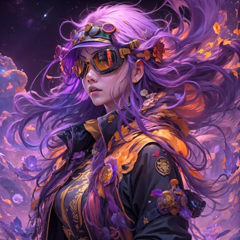 Chapter 3679 The Year of Cyberpunk（masterpiece，HD，超HD，32k lotus root starch）Bright purple flowing hair，autumn pond， lotus root starch color， Asian （Michiko）， （silk scarf）， fighting stance， looking at the colorful balloons， Orange gradient long hair， ((Thic...