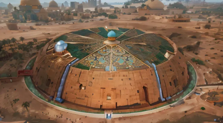 arabian city built on giant rounded rock , golden domes , blue domes , minarets , palms , arabian gardens , arabian architecture , straight routs ,rock long  stairs , detailed arabian city , realistic arabian city , detailed golden domes , realistic golden...