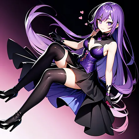 cute anime girl, long purple hair, beautiful purple eyes, black skirt, black gloves, Exquisite details, black knee socks , red high heels