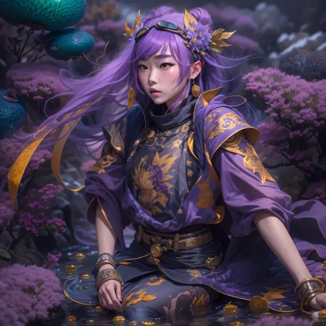 chapter 3679 the year of cyberpunk（masterpiece，hd，超hd，32k lotus root starch）bright purple flowing hair，autumn pond， lotus root s...