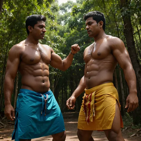 2indian men in lungi fighting with each other, oiled, blood, sweat , in a forest , 1jacked, 1fat