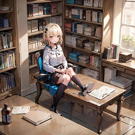 ((masterpiece,highest quality))1 girl, alone, bookshelf, pile of books, suzuno, indoors, hair ornaments,