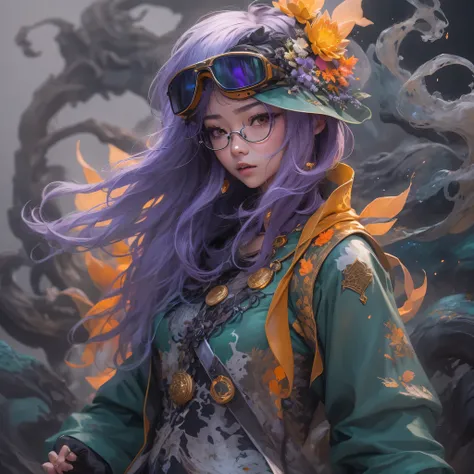 5679 cyberpunk year（masterpiece，hd，超hd，32k lotus root starch）bright purple flowing hair，autumn pond， lotus root starch color， as...