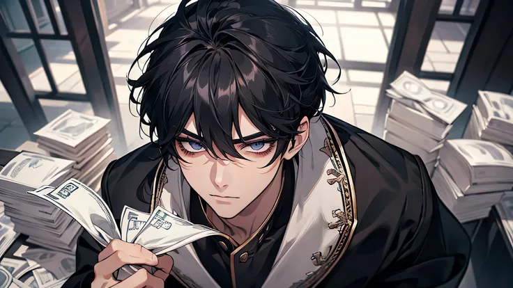 male 、Beautiful skin、long eyelashes、glares、校服、Changing clothes、black hair、length hair、man、pupils、Holding a wad of money、bewitching、student clothes、Angle from above. detailed eyes, detailed face, detailed nose