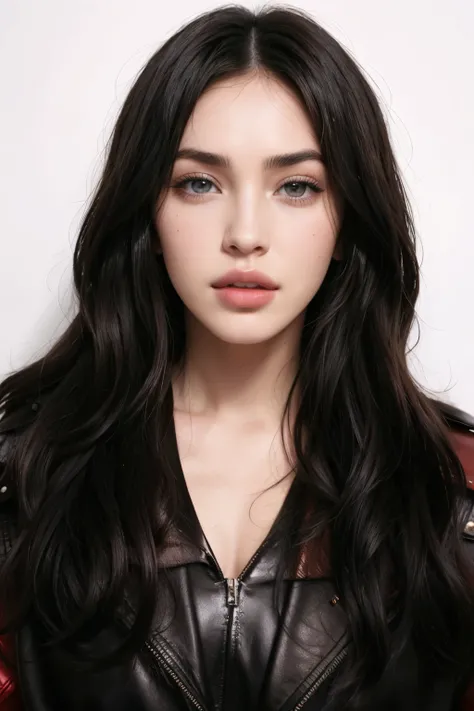 Un primer plano de una mujer con cabello largo y negro con una chaqueta de cuero, Dua Lipa, imagen de perfil, cara perfecta, labios sexys :5 con estilo, charli bowater, pelo negro y ojos marrones, cabello oscuro y maquillaje, taken in the early 2020s, labi...