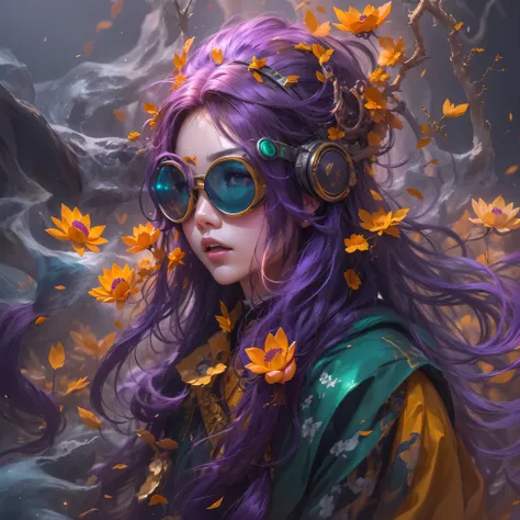 3679 bc cyberpunk year（masterpiece，hd，超hd，32k lotus root starch）bright purple flowing hair，autumn pond， lotus root starch color，...