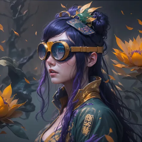 3679 bc cyberpunk year（masterpiece，hd，超hd，32k lotus root starch）bright purple flowing hair，autumn pond， lotus root starch color，...