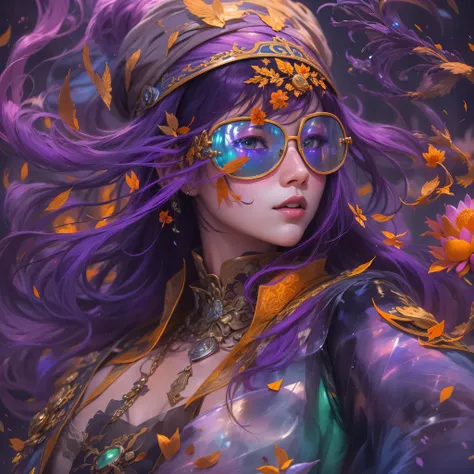 3679 bc cyberpunk year（masterpiece，hd，超hd，32k lotus root starch）bright purple flowing hair，autumn pond， lotus root starch color，...