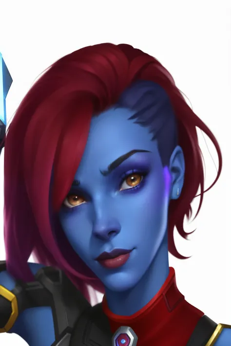 a woman with red hair and blue skin holding a sword, echo from overwatch, lucio as a woman, widowmakers former lover, character art closeup, portrait of jinx from arcane, widowmaker, from overwatch, as an overwatch character, lovely brigitte from overwatch...