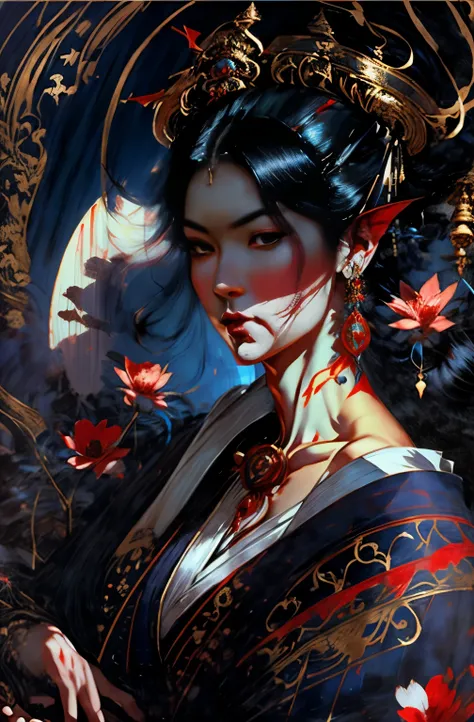 beautiful demon painting, demon woman with a sword, demon woman with a sword, strong female samurai, ２book corner, mouth with fangs, Eyes without pupils, gambling, Kumatori, Hyakka Ryōran, Flower of Shura, Looks like he&#39;s in his late 20s, beautiful bla...