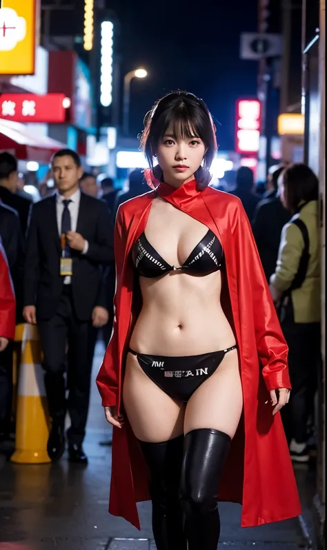 girl, slender, medium breasts, cyberpunk, kimono like mechanical bodysuit, bikini, oiran dystopia, night