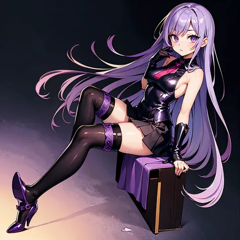 cute anime girl, long purple hair, beautiful purple eyes, black skirt, black gloves, exquisite details, black over-knee socks , red high-heel shoes