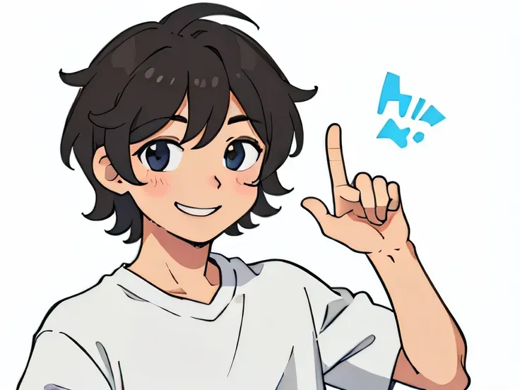 illustration of a guy having short messy hair, cute, smiling, happy ,posing for a picture