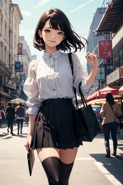 very cute and beautiful girl,teen,(highly detailed beautiful face and eyes:1.2),(smile),cowboy shot,
purple blouse with detailed frills BREAK zettai ryouiki,brown shoulder bag,(brown boots),
dynamic pose,dynamic angle,black hair,(pleated black mini skirt:1...