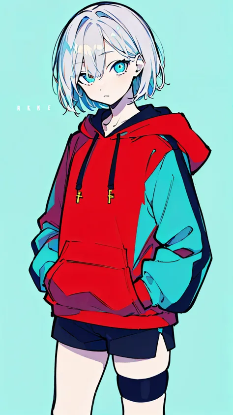 (masterpiece, highest quality:1.6), alone, thick outline, (simple background, light blue background, monochrome, light blue theme:1.2), official art, Key Visual, 8K, disorganized, whole body, (unique hair, Oversized Hoodies, hot pants, arch back, short tor...