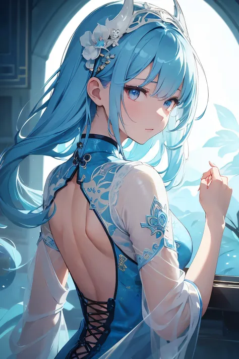 Dragon Horn，Light blue cheongsam，woman，A thousand flavors，masterpiece:1.2), best quality, (illustration:1.2), (Super detailed), Super details, (Delicate and meticulous), (intricate details), (Light, best quality Backlights), clear lines，(Shy: 1.2 ), (cosme...