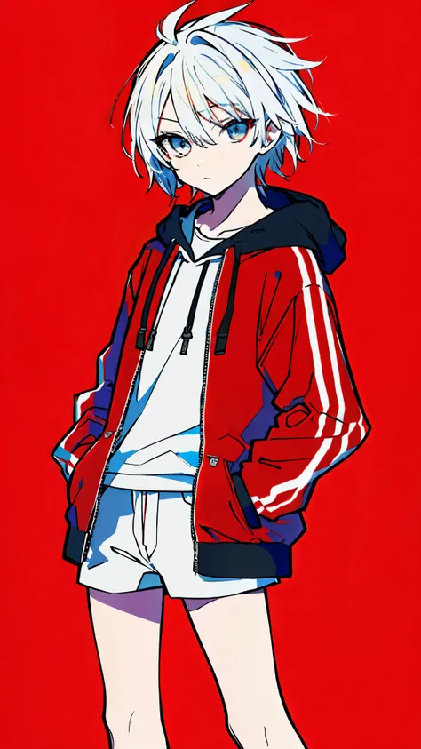 (masterpiece, highest quality:1.6), alone, thick outline, (simple background, bright red background, monochrome, bright red theme:1.2), official art, Key Visual, 8K, disorganized, whole body, (unique hair, Oversized Hoodies, hot pants, wearing a hood, arch...