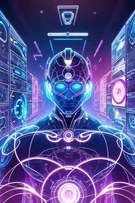 A visionary AI application developer, utterly focused and engrossed in the intricate labyrinth of code, with a backdrop of a futuristic, vibrant environment symbolizing the ever-evolving world of artificial intelligence. The scene radiates with dynamic ene...