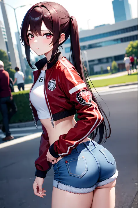 Female Asian Irina Shidou redhead twintails, Bomber jacket and crop top, wearing denim shorts, ray tracing, reflective light, depth of field, cowboy_firing, masterpiece, best quality, high details, high quality, UHD , (Tokyo street background),  pretty ,se...