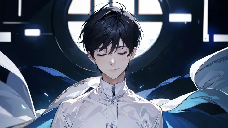 beautiful face, short dark hair, Handsome Men,white long sleeve dress shirt, animated movie, 1 boy sleeping, slightly smile, Shinkai Makoto, eyes completely closed, In a room in the city, 1 man