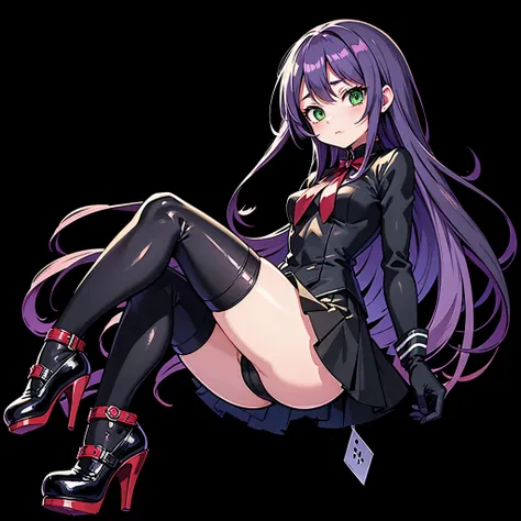 cute anime girl, long purple hair, beautiful green eyes, black skirt, black gloves, black over-knee socks, red high-heel shoes, confused, anime, negative space, from below, UHD, masterpiece, accurate, anatomically correct, super detail, high quality, highr...