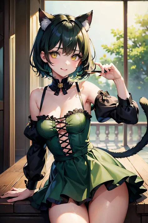 (Best quality:1.1), (Masterpiece:1.4), (Illustration fantastique:1.2), 1fille, ((bimbo)), Cute girl, yellow eyes, short dark green hair, cat ears, cat collar, cat tail, Beautiful eyes, better hands, High quality, short dark green hair, Her tongue is out of...