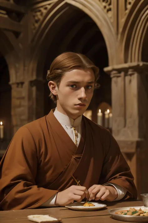 England, 1327. A young ((((21-year-old)) Godwyn)), monk, angular features, cold eyes, at the monastery, serving dinner, ((frustrated and dissapointed expression)). ((((monk clothings from the 1300s)))), ((light chestnut hairstyle of the 1300s))