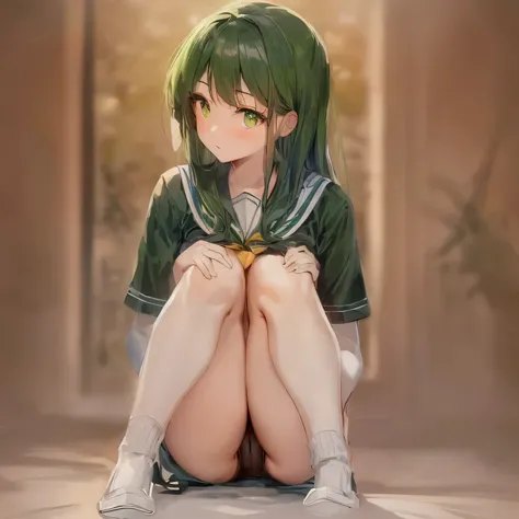 masterpiece, highest quality,shape,sailor suit,slanted eyes,straight hair,super dense skin,beautiful and detailed eyes,short sleeve shirt,bright green eyes,(medium breasts:1.1), (A raised and well-defined bust:1.1), (lifted chest:1.2), (perky chest :1.1),h...