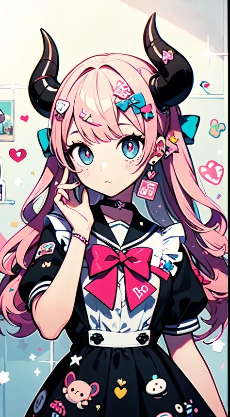 masterpiece, highest quality, Super detailed, Beautiful shading, Cinematic Rigging, studio light, cute, cute, Big eyes, Pupil flower pattern, Shaped pupil , cute polka dot pattern on bows, Plaid, light pink hair，powder blue student，Wearing pink and blue ma...