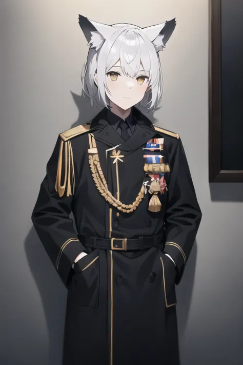 Masterpiece,1girl, Solo, standing, inside a spaceship, brown military officer clothes,white gloves, best quality, commander, brown coat, black boots, hands on the pocket, cowboy shots, gold badge, white hair, wolf ears,brown ears, short hair, mechanical ea...