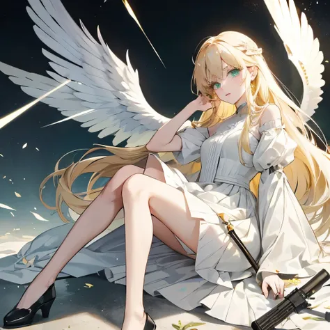 anime style、holding an assault rifle、Blonde and gray gradient long hair、light green eyes、Wearing a white dress、４white wings、Cracked and rusty angel ring、Right leg is prosthetic、cool beautiful woman 残酷