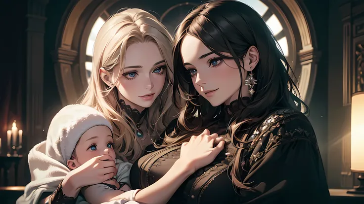 ((ultra realistic, top quality, super definition, high definition)), woman, mother, with 2 month old baby on her lap smiling, in the dark room, detailed face, detailed eyes, detailed nose
