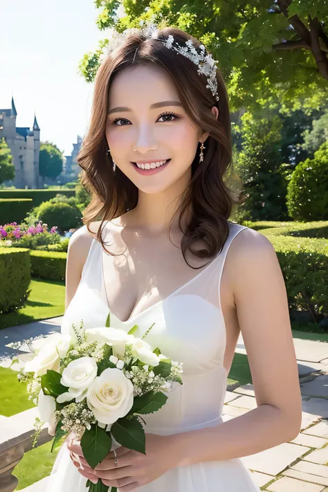 transparent white dress、medium breasts、valley、A beautiful woman with a sense of transparency、cute、smile、bouquet、upper body up、Castle garden in the background