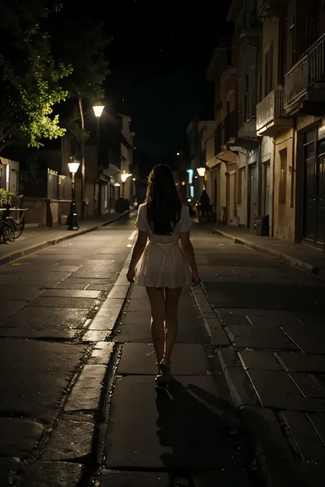 Escena nocturna: Una calle oscura y tranquila en la noche. Farola encendida: Una farola iluminada, proyectando su luz hacia abajo. Reflejo en el suelo: The reflection of the street lamp forms a bright line on the ground.Personaje en el centro de la foto: c...