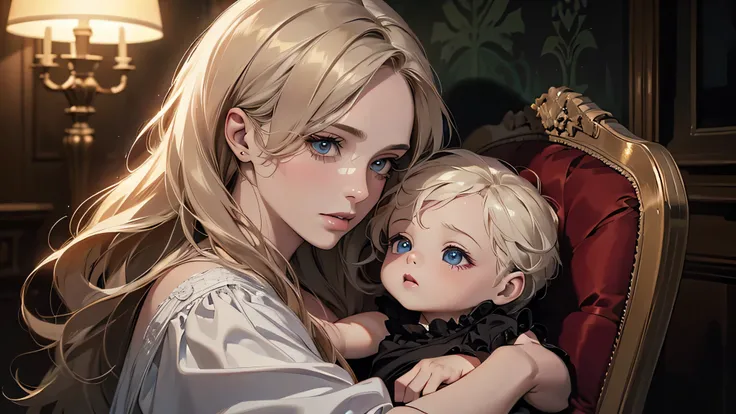 ((ultra realistic, top quality, super definition, high definition)), woman, mother, with 2 month old baby on her lap, in the dark room, detailed face, detailed eyes, detailed nose